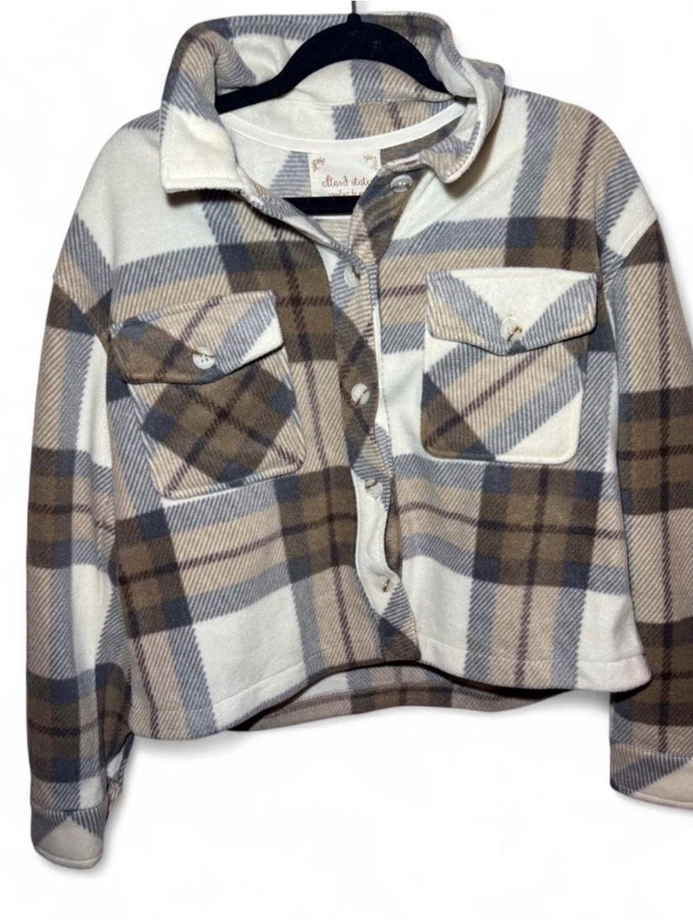 Altar'd State Women’s Cream, Tan & Brown Plaid Button-Up Shacket Fall Winter